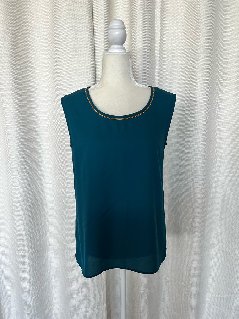 Ann Taylor Teal Sleeveless Shell with Gold-Trim Neckline